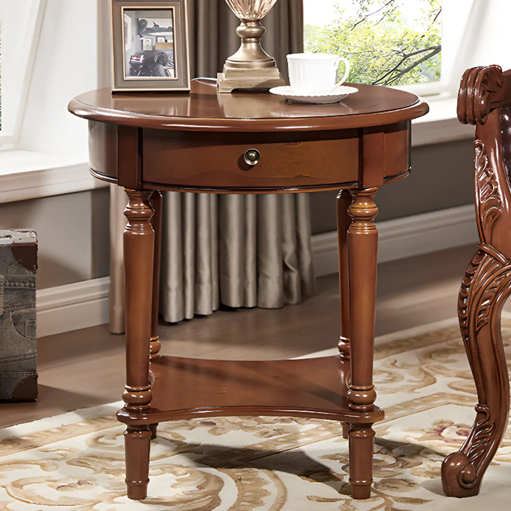 Classic Wood Round End Table for Living Room with Storage