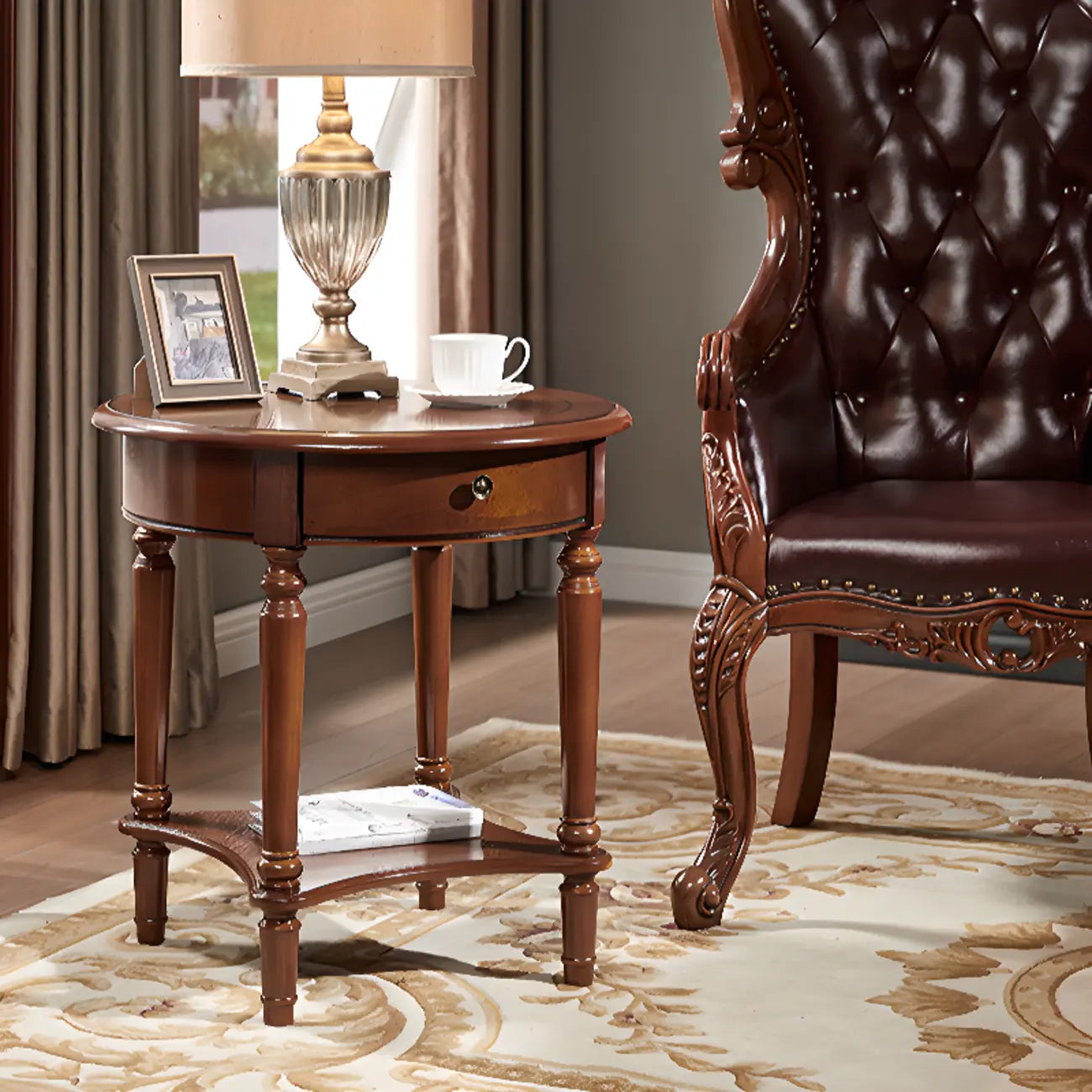Classic Wood Round End Table for Living Room with Storage
