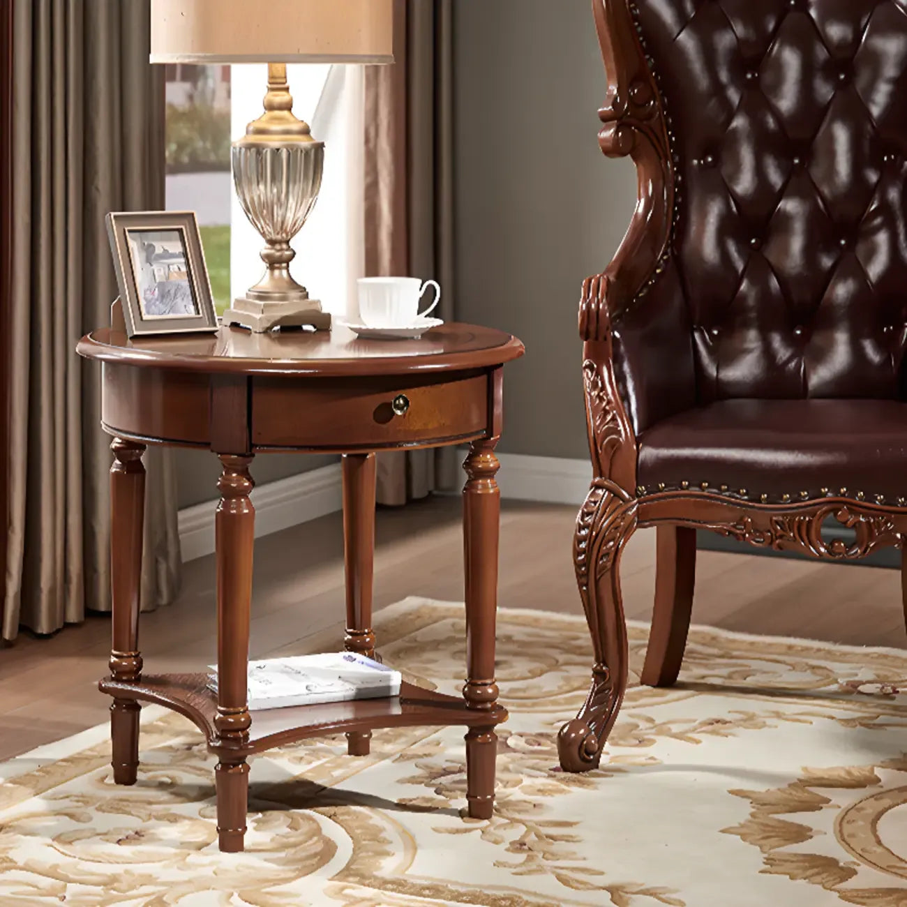 Classic Wood Round End Table for Living Room with Storage