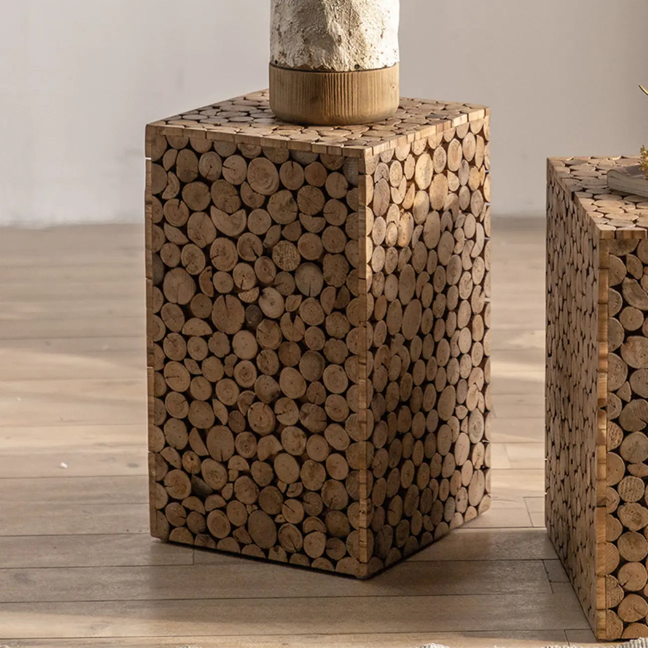 Square Block Natural Wood End Table for Living Room