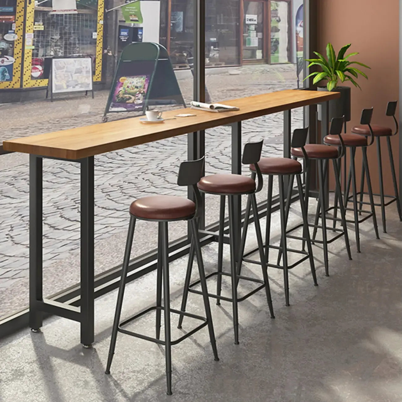 Vintage Solid Wood Trestle Base Pub Table with Footrest
