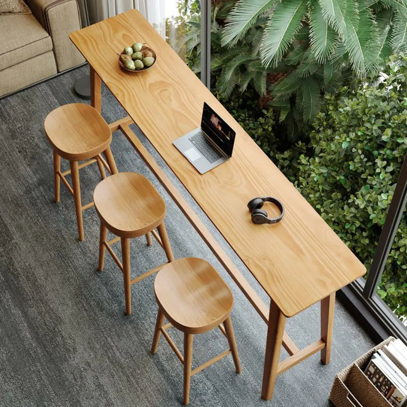 Natural Finish Wooden Bar Set with Table and Stools