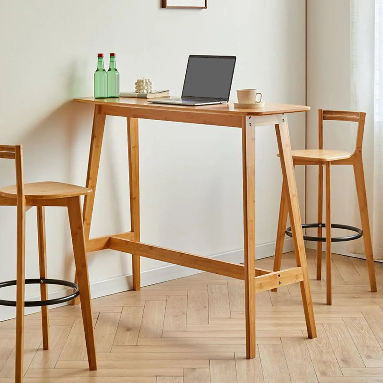 Modern Bamboo Bar Set with Footrest Stools