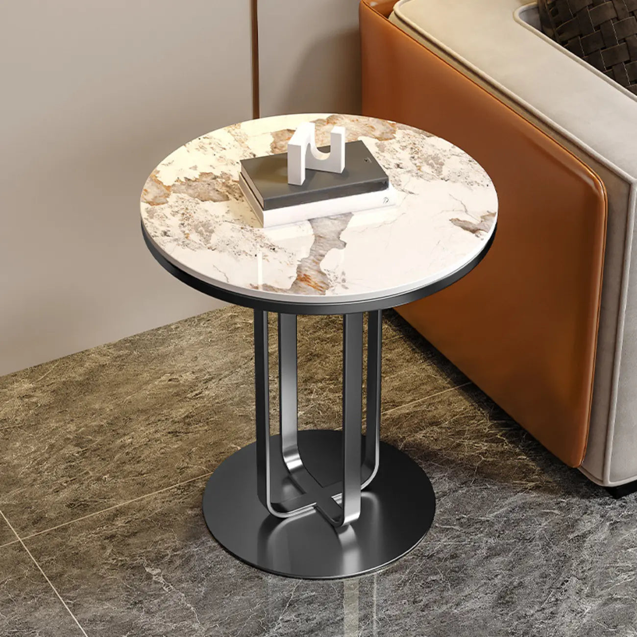 Modern Round White Sintered Stone Side Table for Living Room