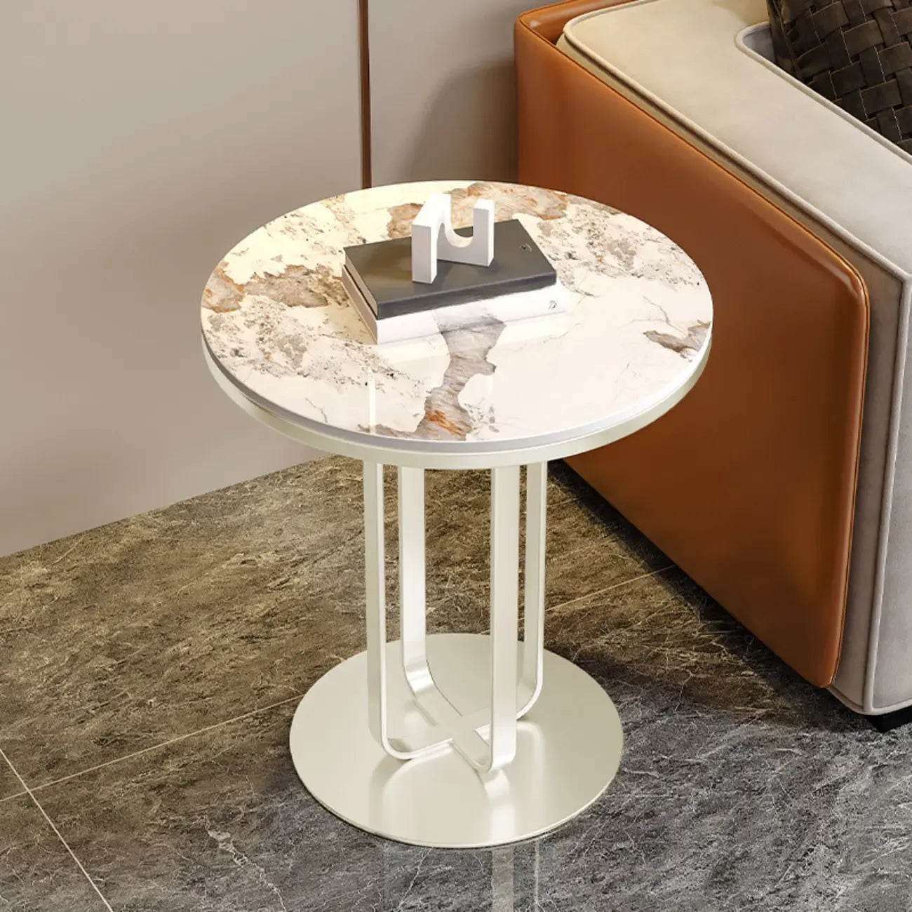 Modern Round White Sintered Stone Side Table for Living Room
