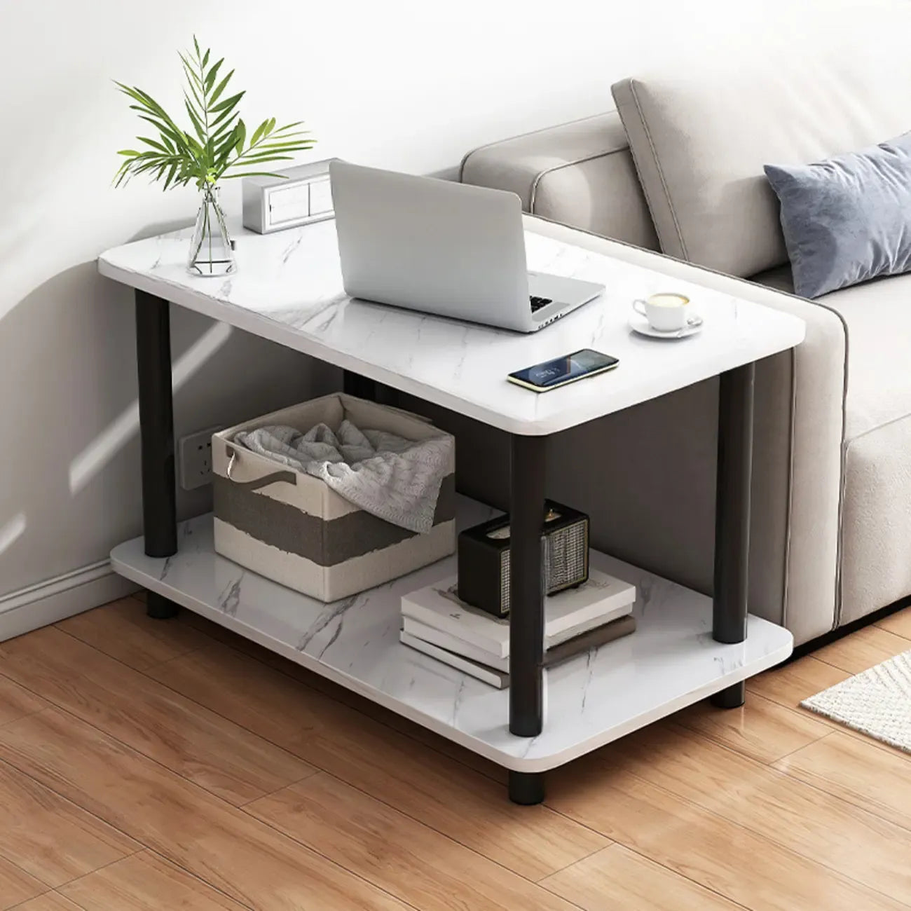 Square White Wood Side Table with Shelf