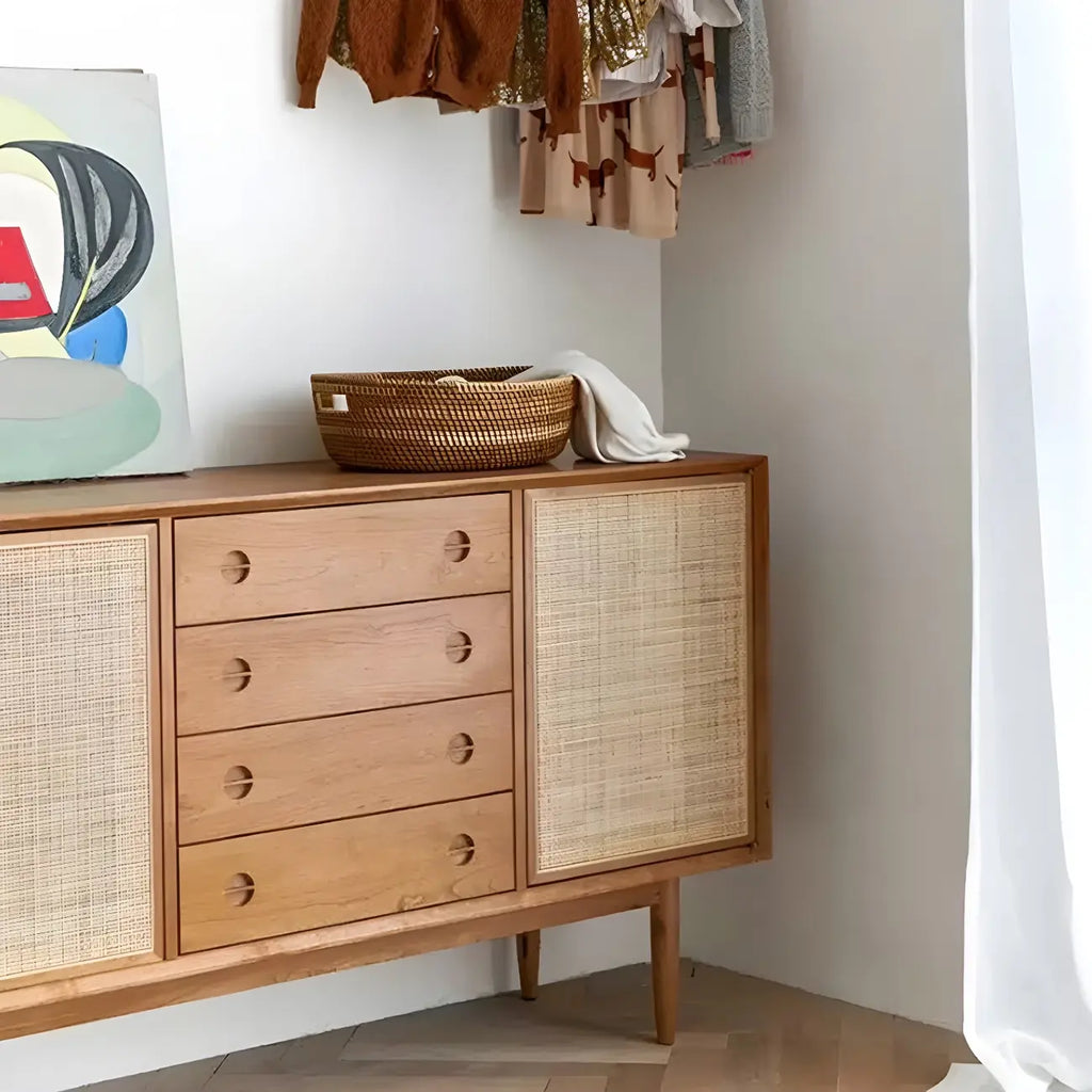 Classic Rattan Wood Sideboard with Storage for Dining Room