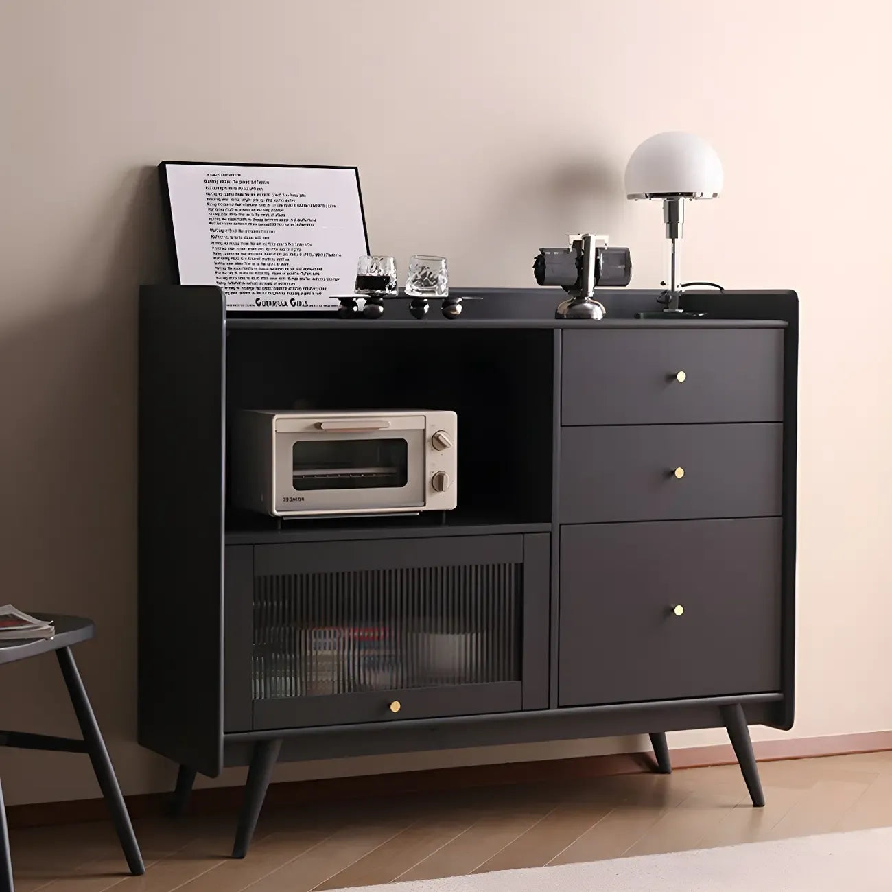 Modern 3 Drawer Buffet Table with Glass Doors in Black
