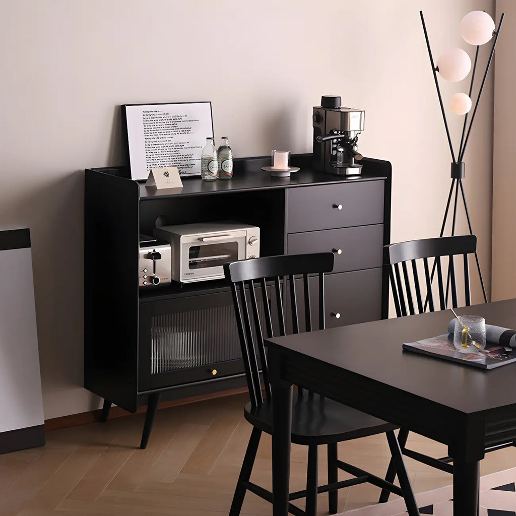 Modern 3 Drawer Buffet Table with Glass Doors in Black