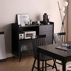 Modern 3 Drawer Buffet Table with Glass Doors in Black