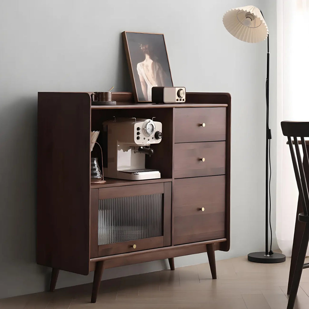 Modern 3 Drawer Buffet Table with Glass Doors in Black