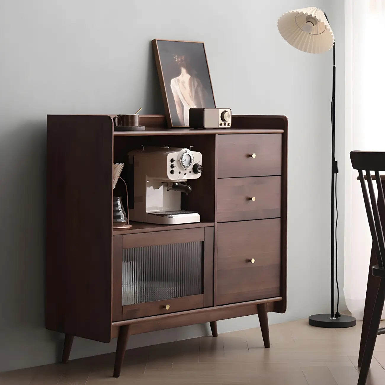 Modern 3 Drawer Buffet Table with Glass Doors in Black
