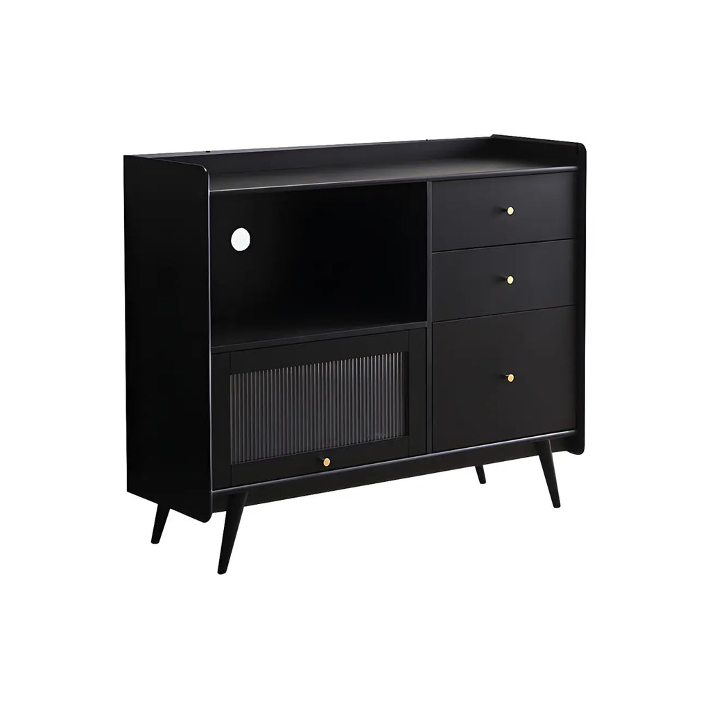 Modern 3 Drawer Buffet Table with Glass Doors in Black