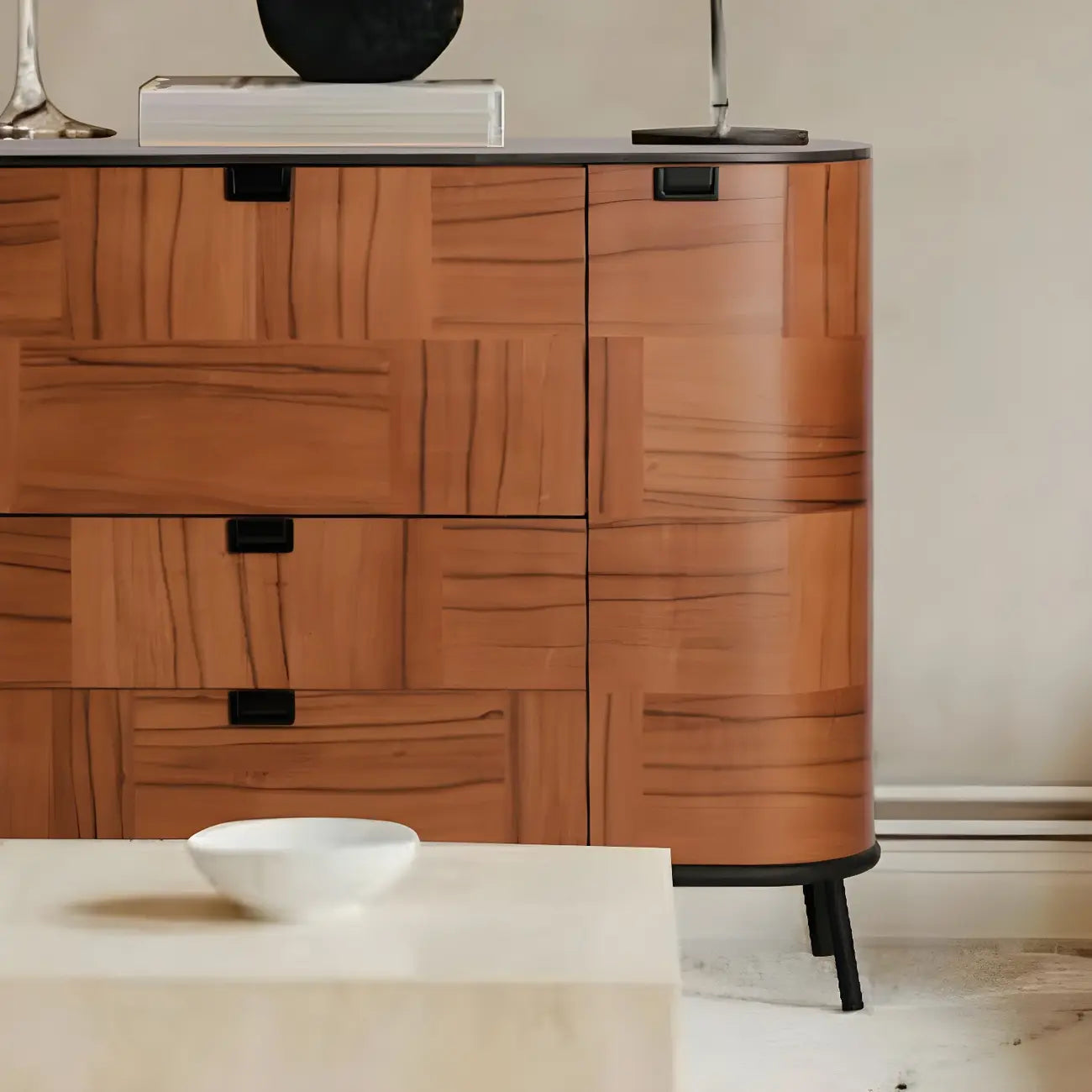 Brown Wooden Sideboard Cabinets with Stone Countertop