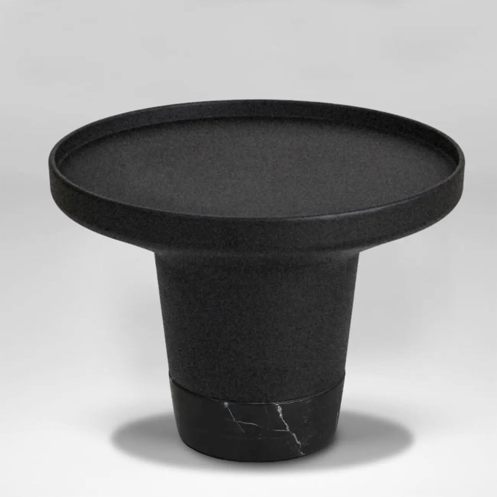 Modern Small Black Round Coffee Table with Marble Base