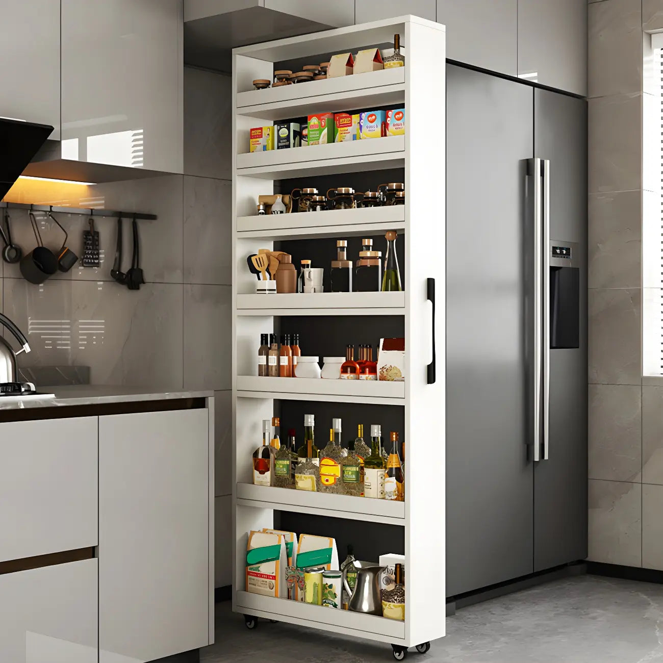 Modern Wooden Buffet Table with Open Shelves and Caster