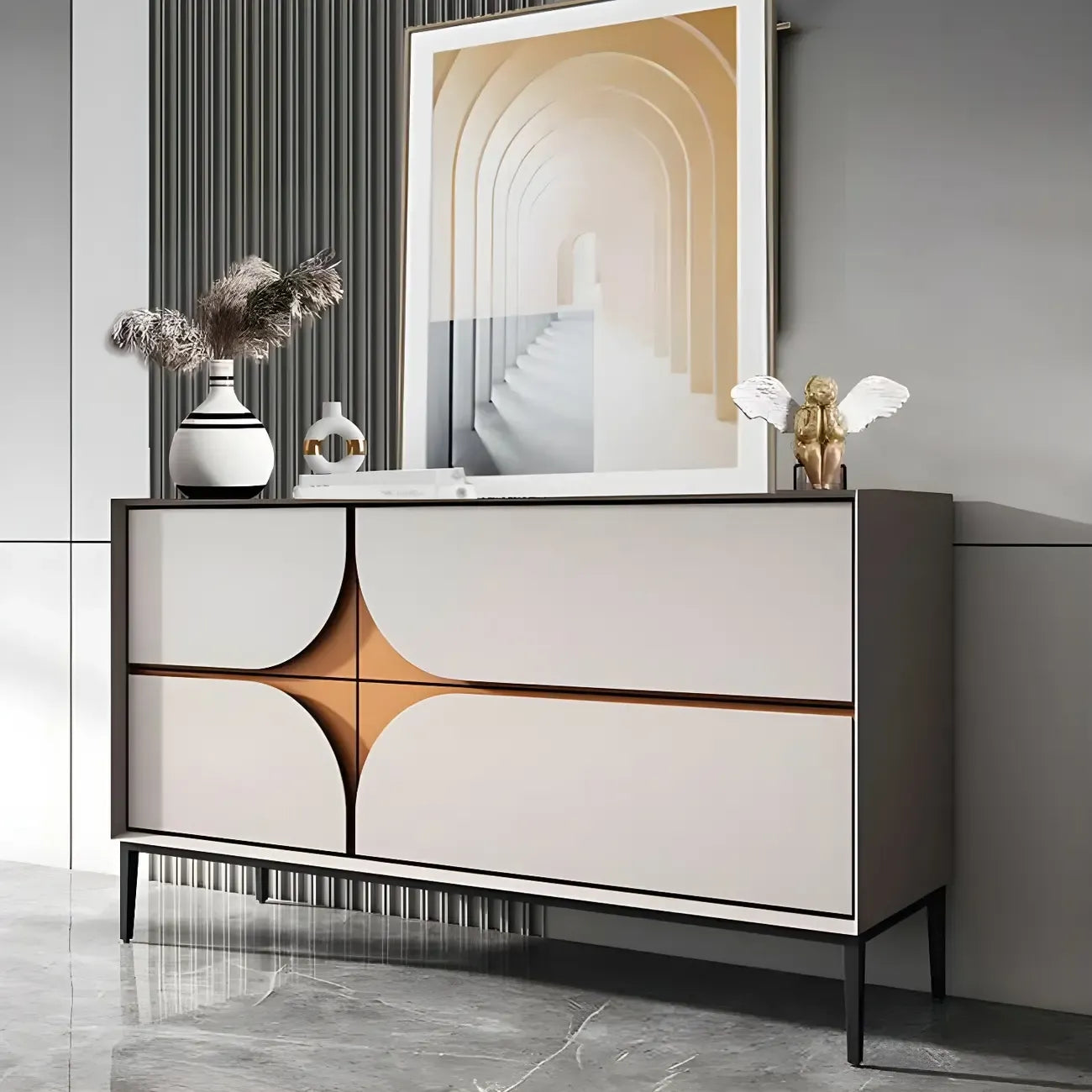 Glam Geometric Wooden Buffet Table with Storage