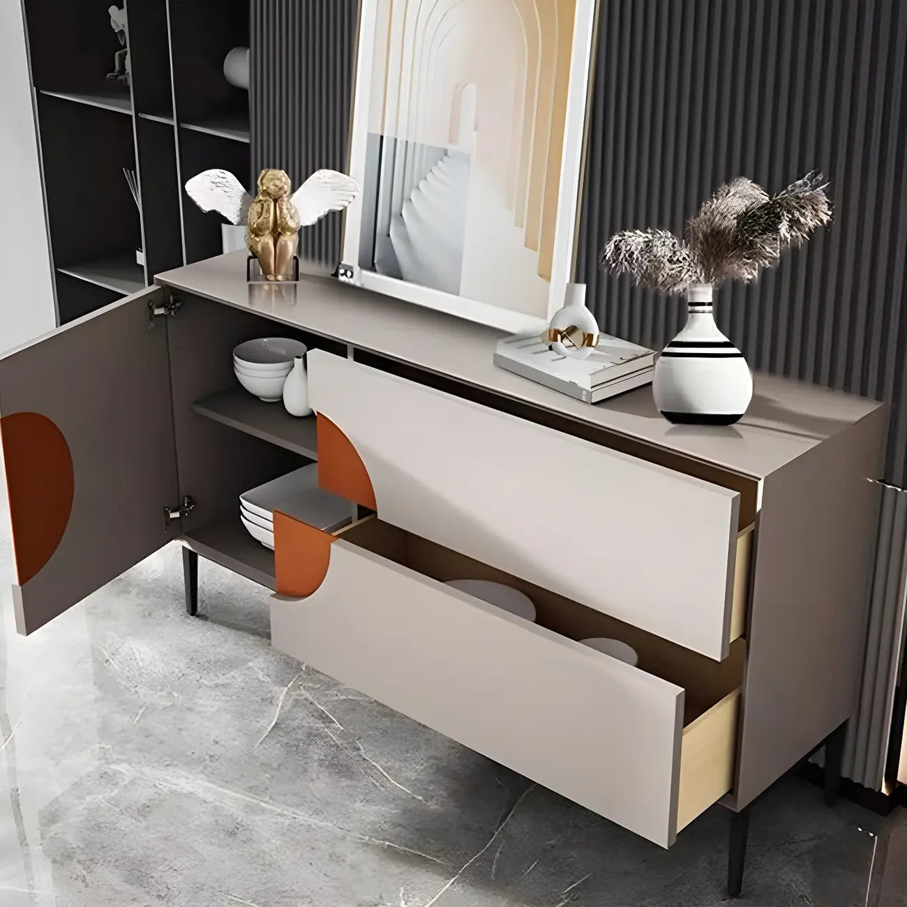 Glam Geometric Wooden Buffet Table with Storage