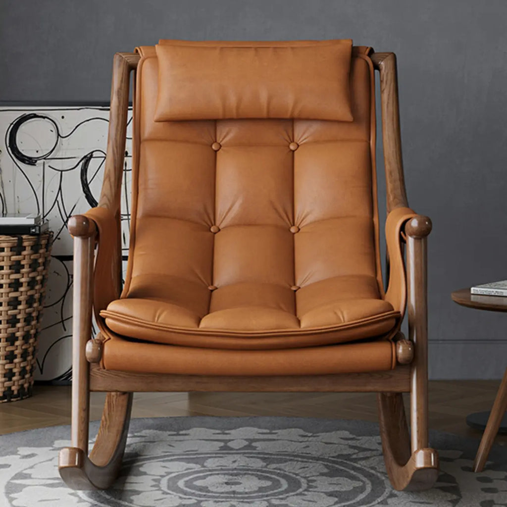 Modern Wood Nappa Upholstered Rocking Chair with Footstool
