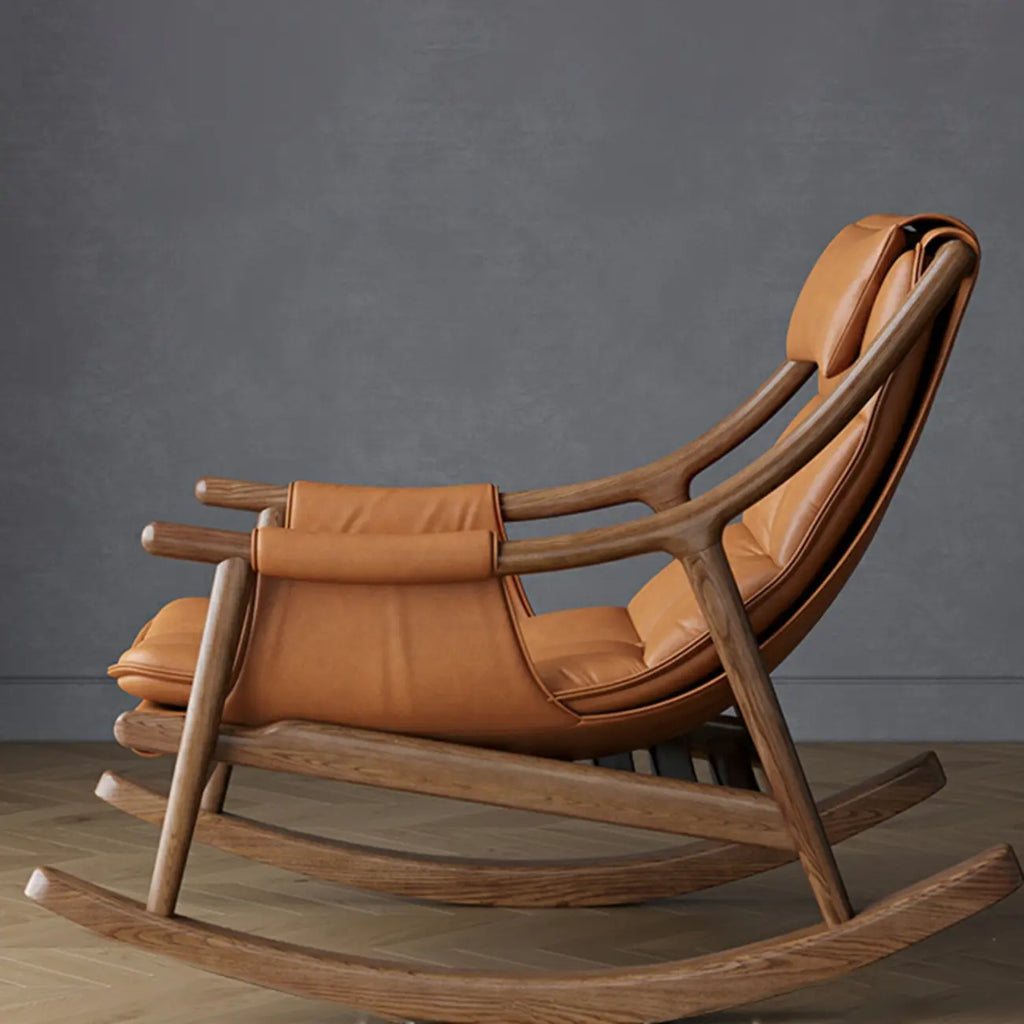 Modern Wood Nappa Upholstered Rocking Chair with Footstool
