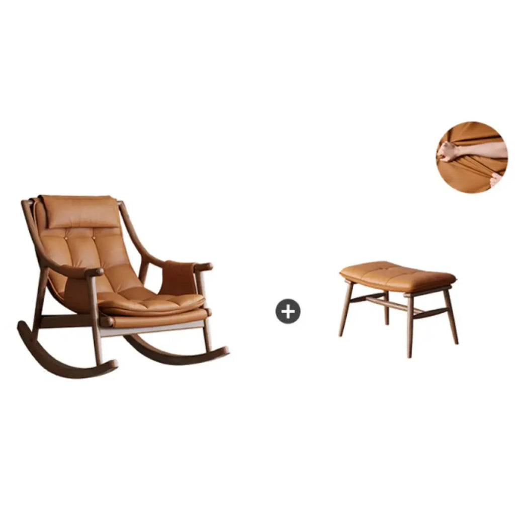 Modern Wood Nappa Upholstered Rocking Chair with Footstool