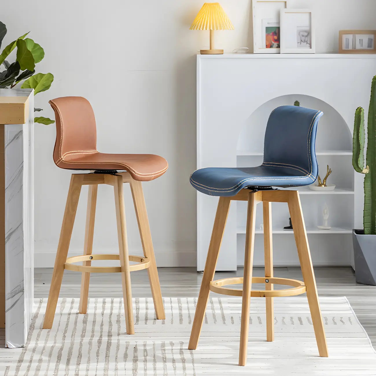 Mid-Century Distressed Leather Swivel Bar Stool with Back