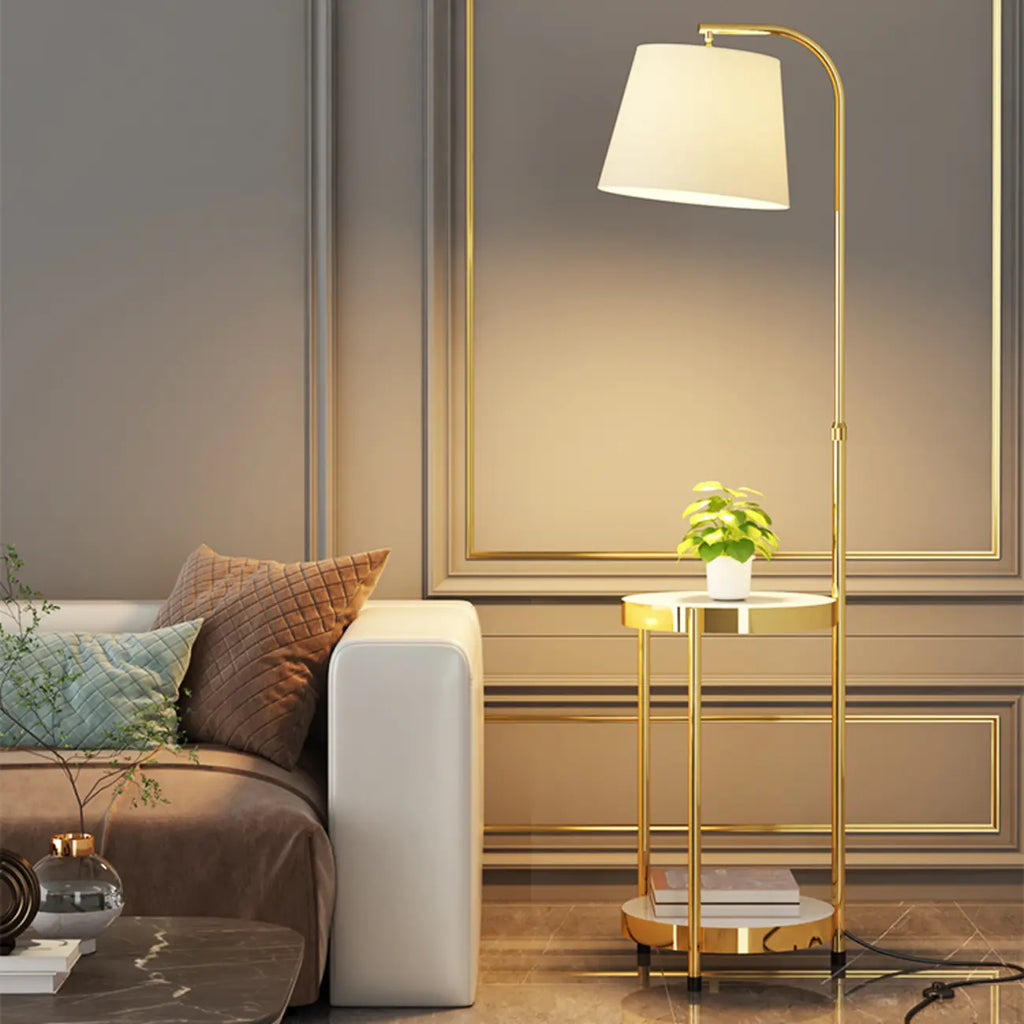 Arc Floor Lamp with Shelves and Fabric Shade for Living Room