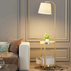 Arc Floor Lamp with Shelves and Fabric Shade for Living Room