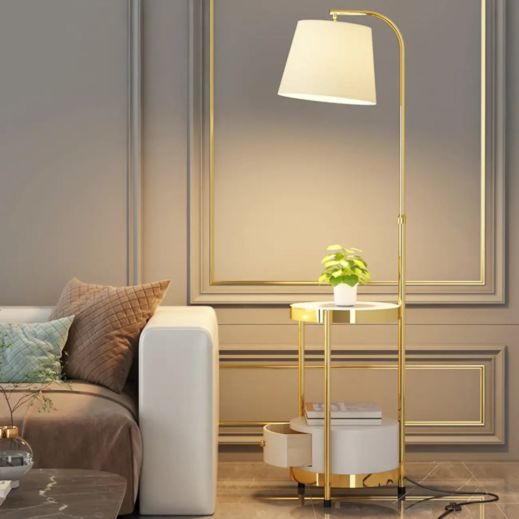 Arc Floor Lamp with Shelves and Fabric Shade for Living Room