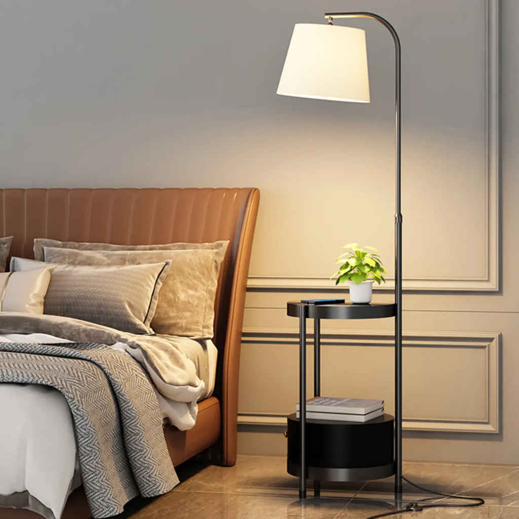 Arc Floor Lamp with Shelves and Fabric Shade for Living Room