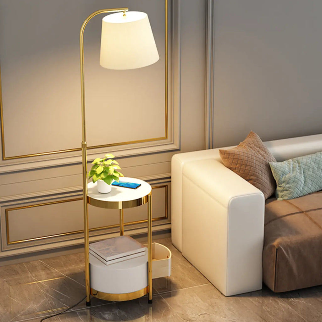 Arc Floor Lamp with Shelves and Fabric Shade for Living Room