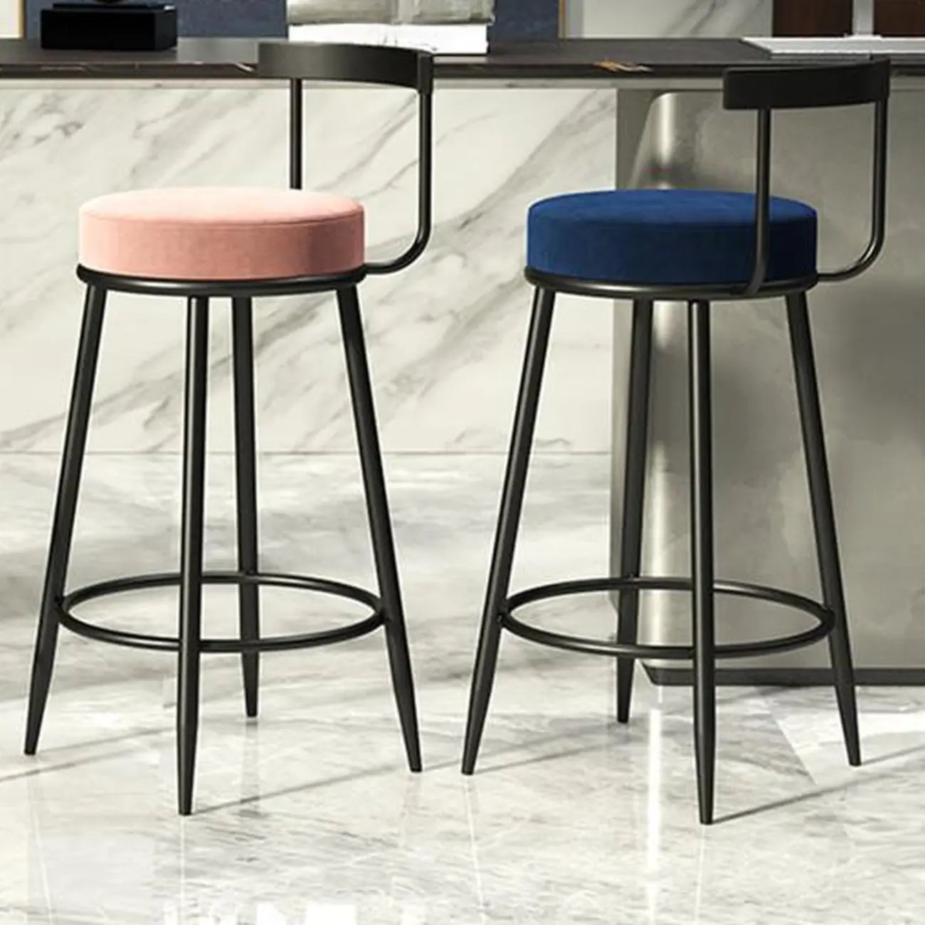 Glam Metal Upholstered Bar Stools with Open Low Back for Kitchen