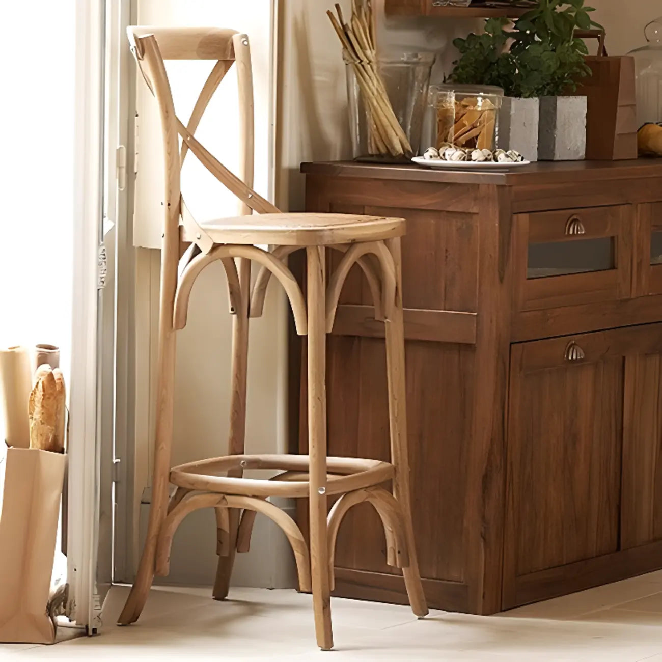 Rustic Farmhouse Wooden Square Rattan Cross Back Bar Stools