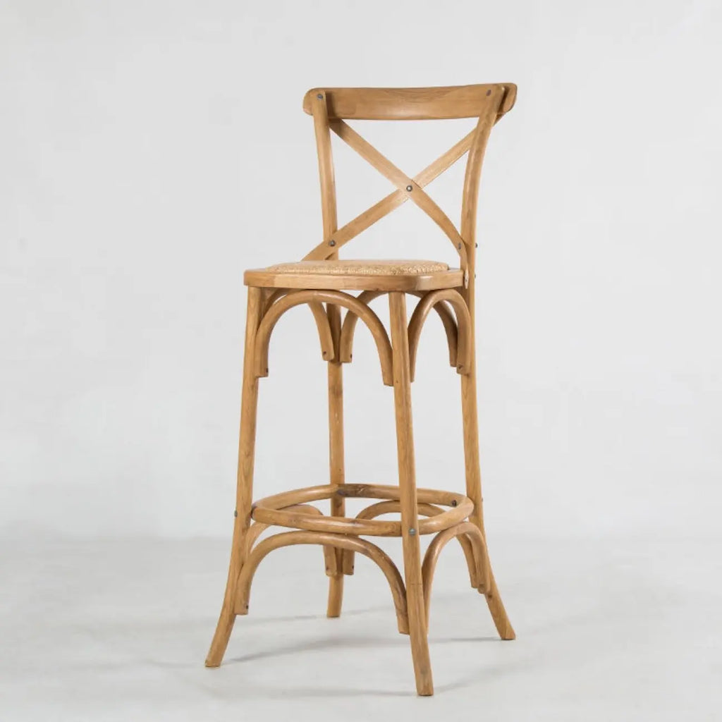 Rustic Farmhouse Wooden Square Rattan Cross Back Bar Stools