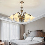 Classic Floral Brass Chandelier for Living Room with Beige Shade