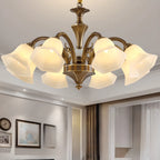 Classic Floral Brass Chandelier for Living Room with Beige Shade