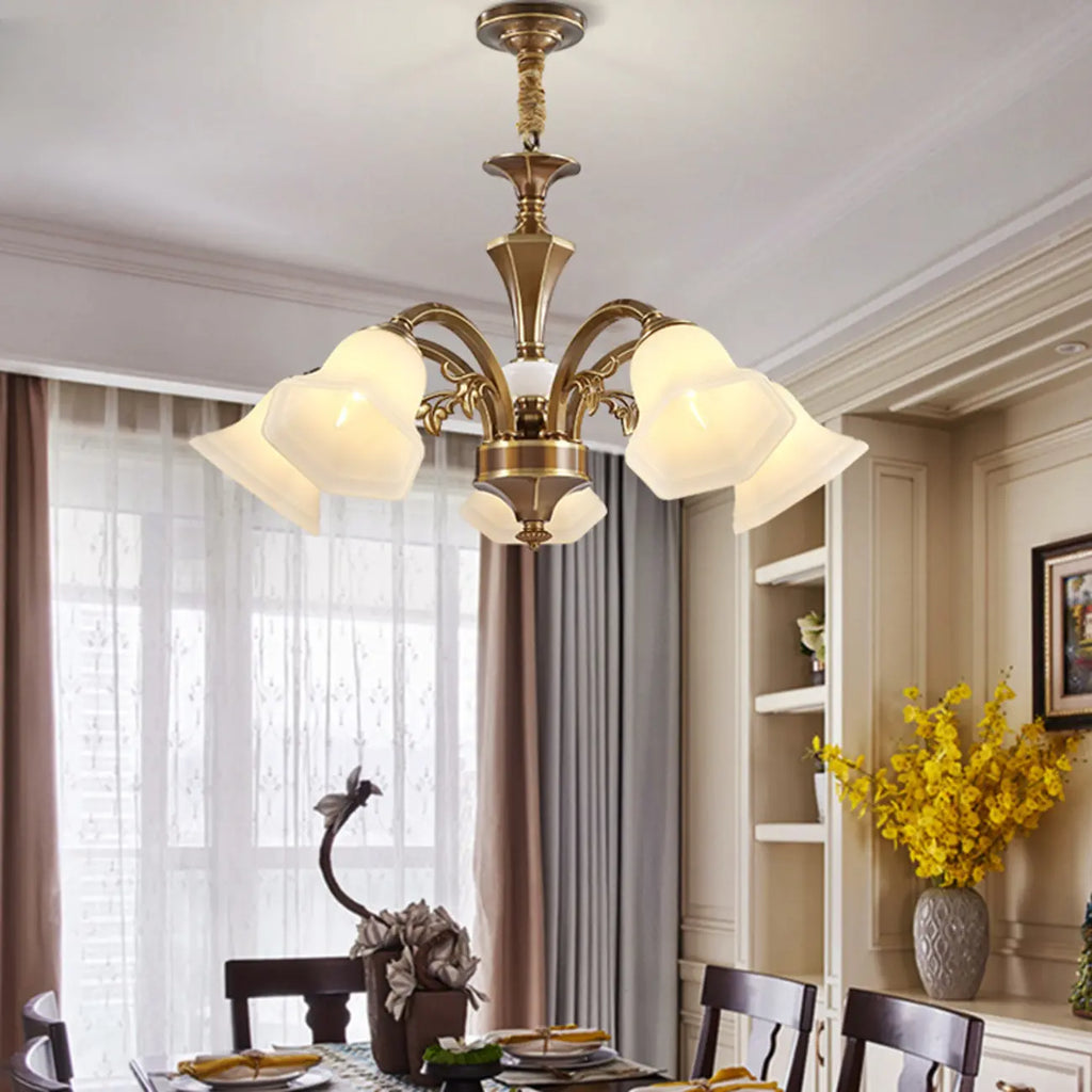 Classic Floral Brass Chandelier for Living Room with Beige Shade