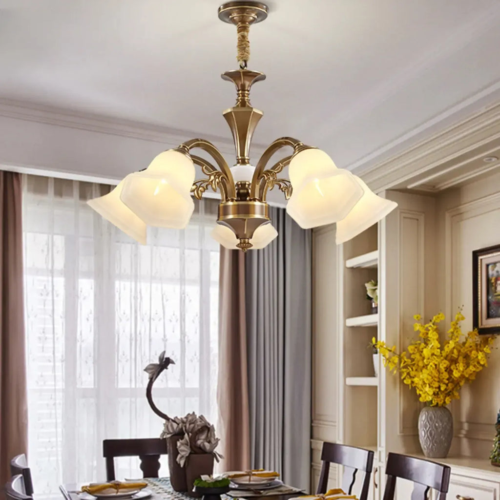 Classic Floral Brass Chandelier for Living Room with Beige Shade