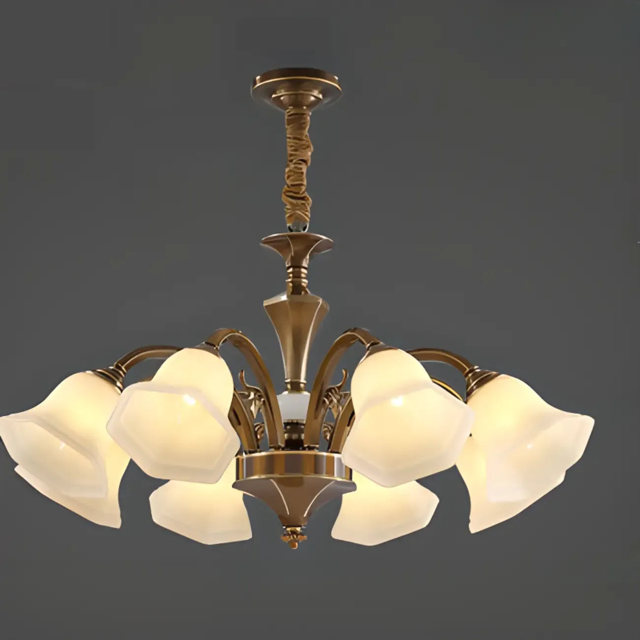 Classic Floral Brass Chandelier for Living Room with Beige Shade