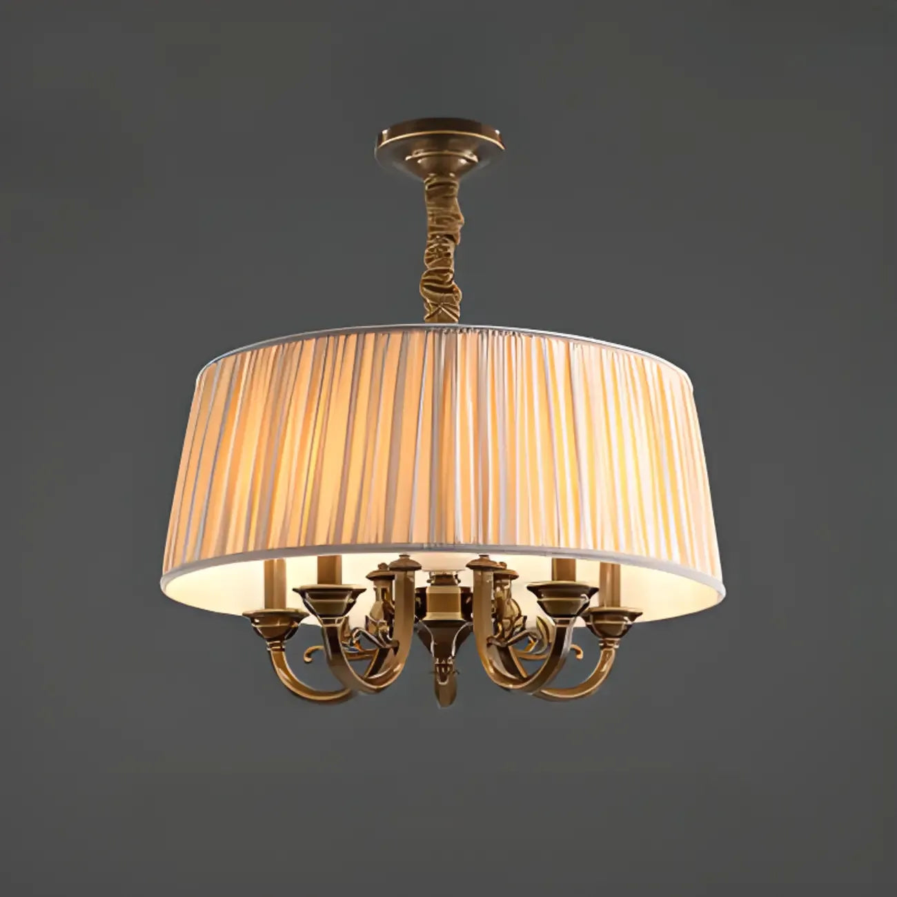 Classic Floral Brass Chandelier for Living Room with Beige Shade