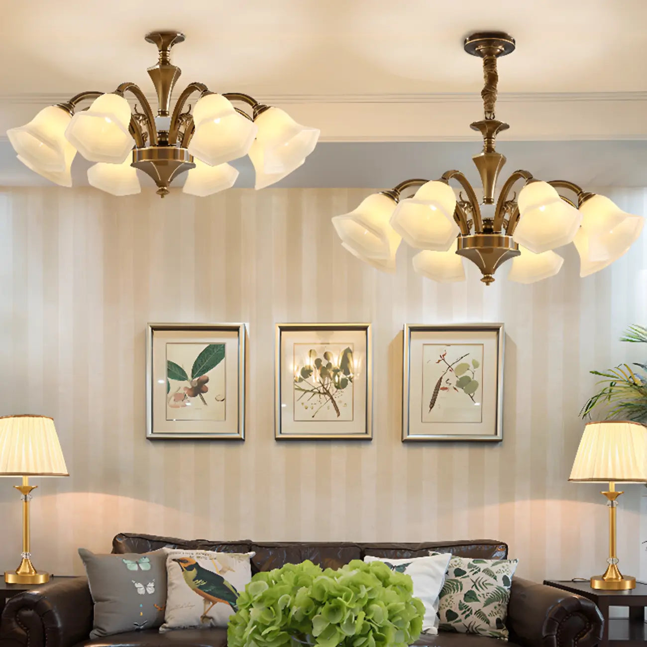 Classic Floral Brass Chandelier for Living Room with Beige Shade