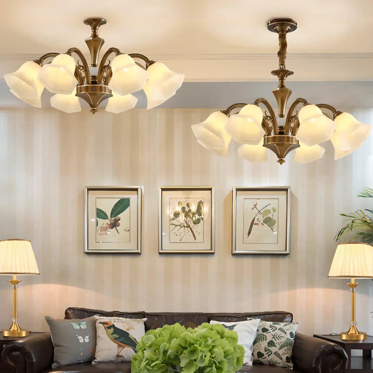 Classic Floral Brass Chandelier for Living Room with Beige Shade