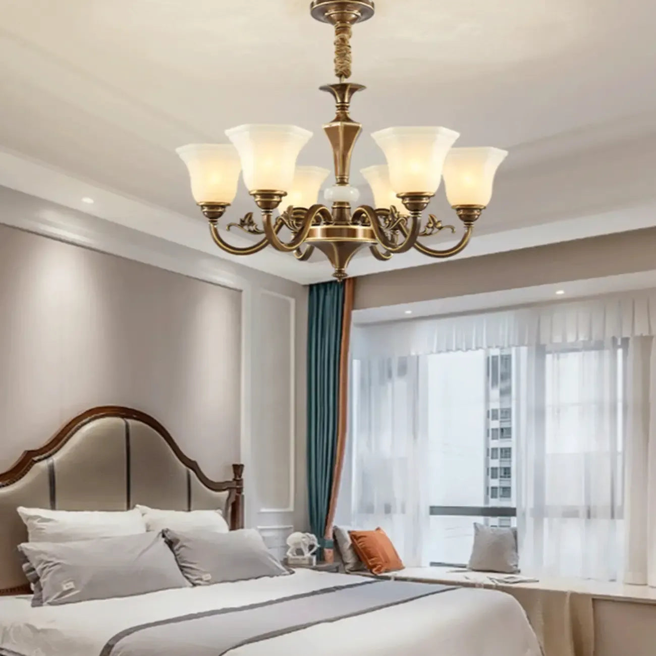 Classic Floral Brass Chandelier for Living Room with Beige Shade