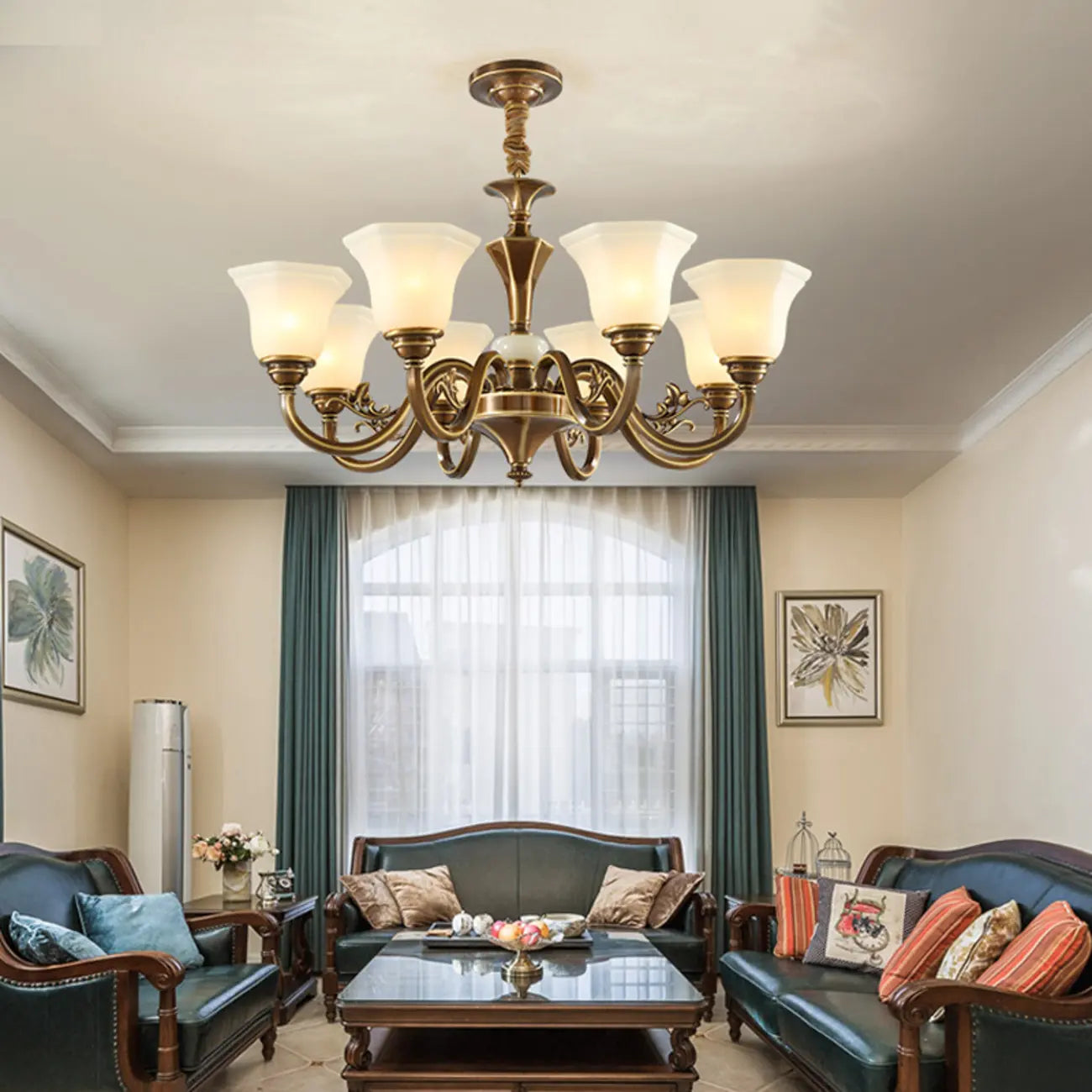 Classic Floral Brass Chandelier for Living Room with Beige Shade