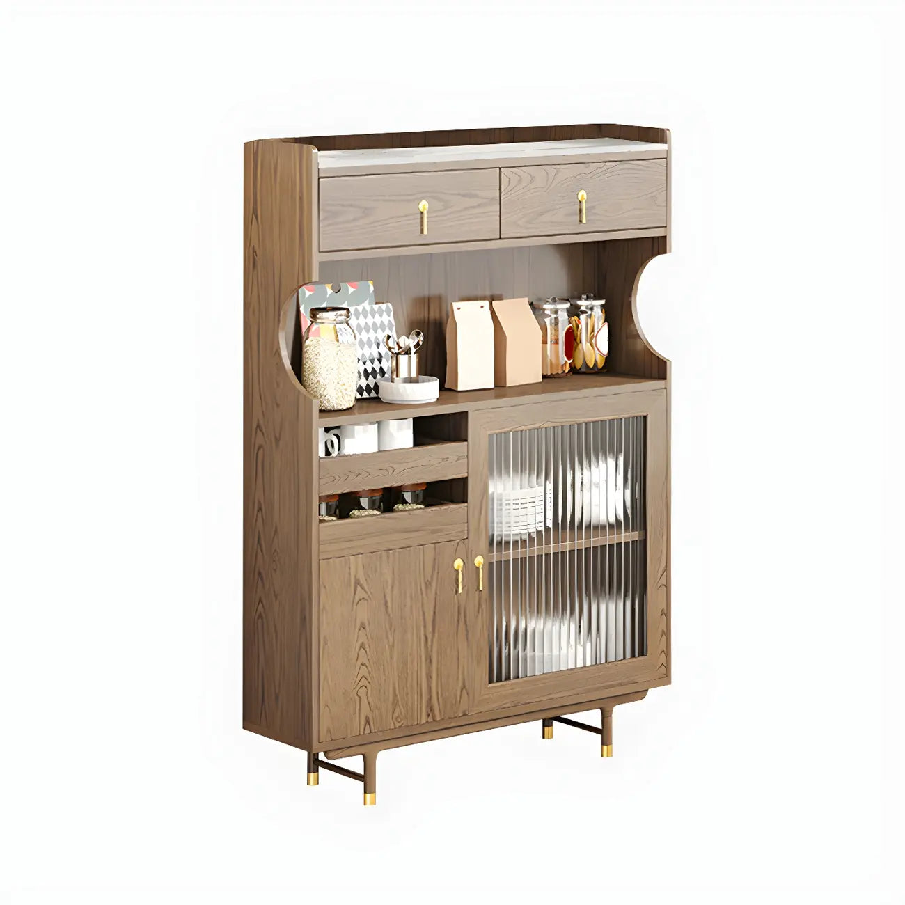 Brown Wood Glass Door Kitchen Hutch Cabinet with Storage