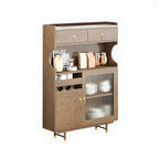Brown Wood Glass Door Kitchen Hutch Cabinet with Storage