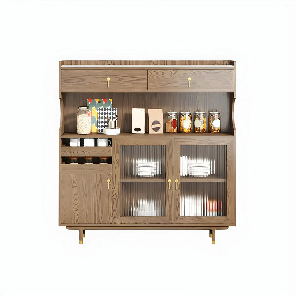 Brown Wood Glass Door Kitchen Hutch Cabinet with Storage