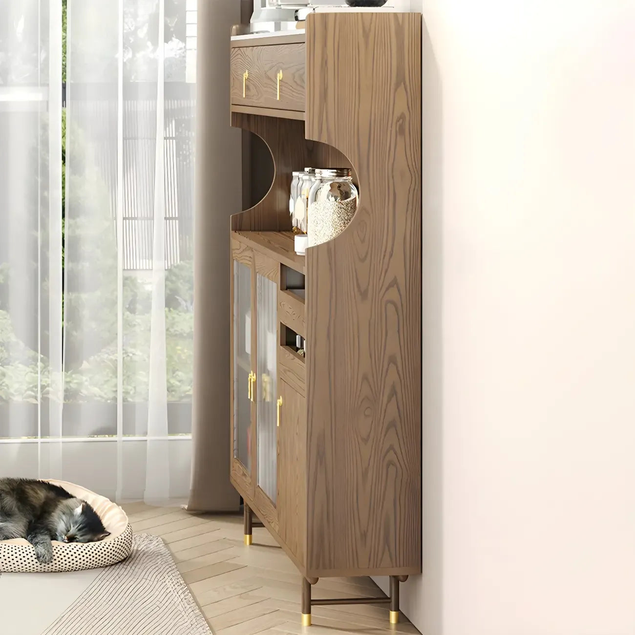 Brown Wood Glass Door Kitchen Hutch Cabinet with Storage