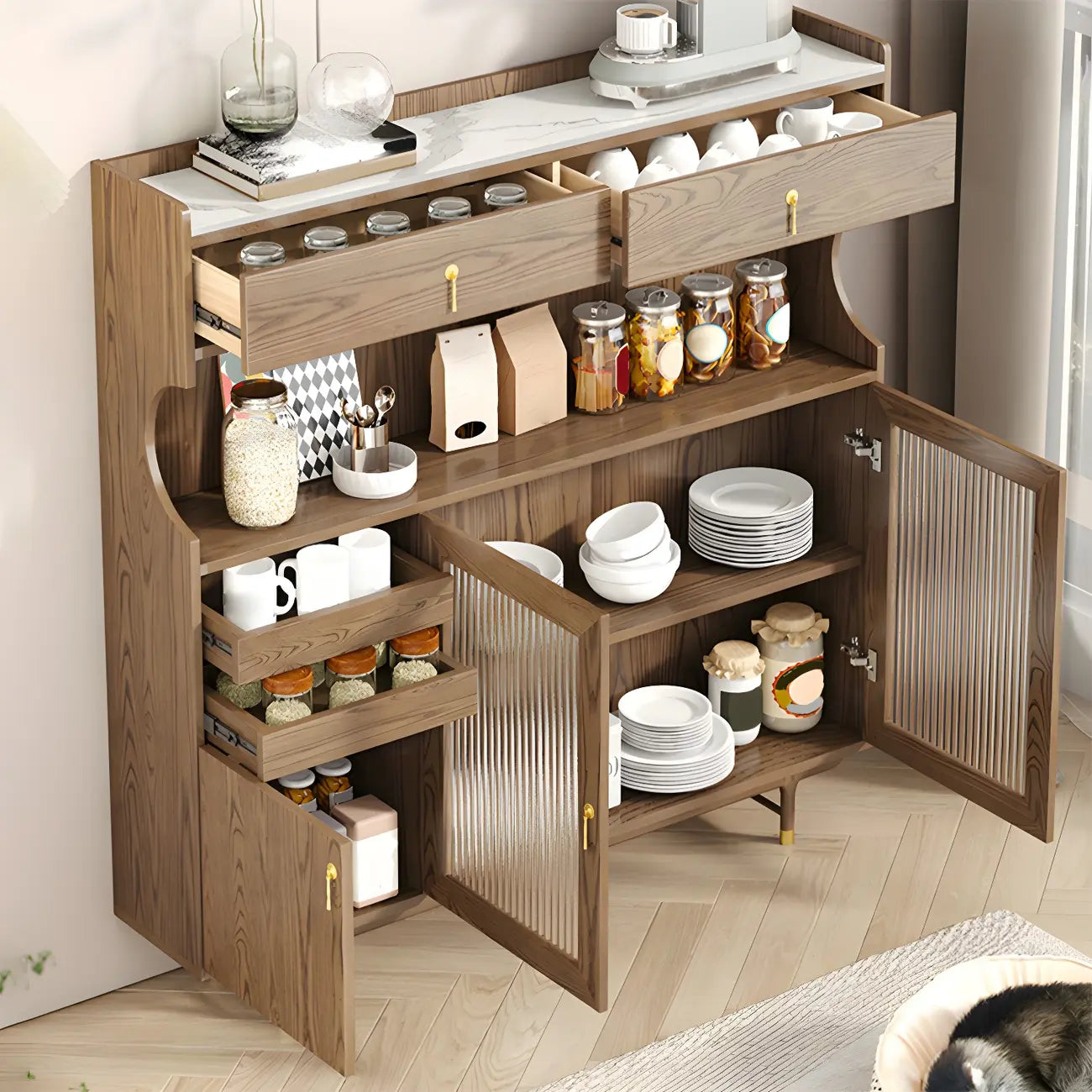 Brown Wood Glass Door Kitchen Hutch Cabinet with Storage