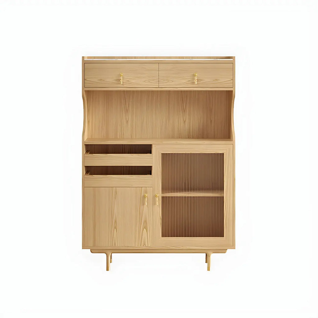 Brown Wood Glass Door Kitchen Hutch Cabinet with Storage